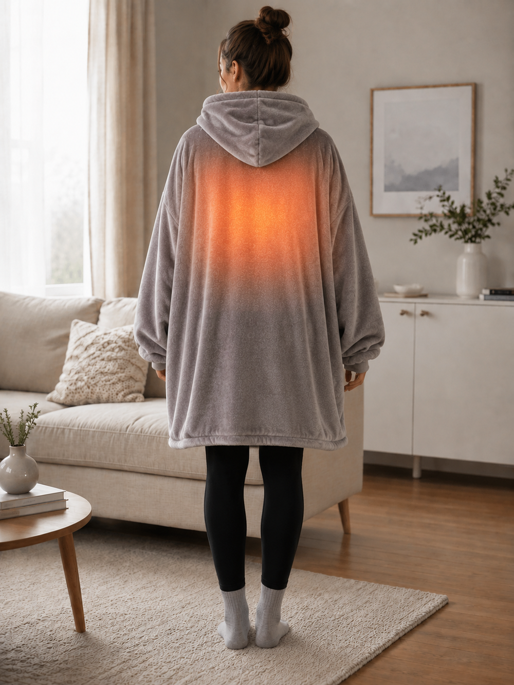 The heating panel glowing across the back of the Evenfold Wrap