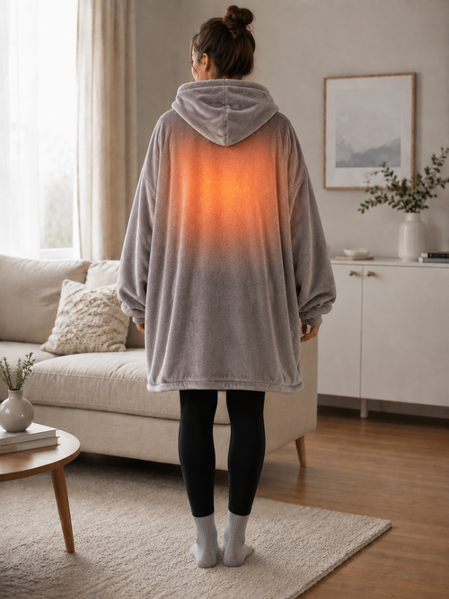 The heating panel glowing across the back of the gray Evenfold Wrap