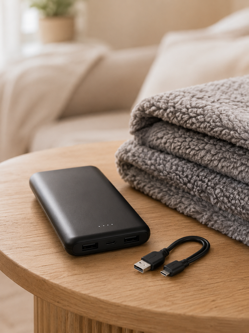 The Pocket Power Bank on a side table beside a folded Evenfold Wrap