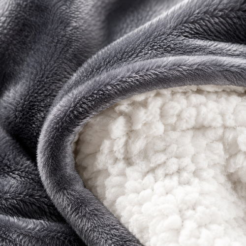 Close-up of the white sherpa lining and charcoal gray outer fabric of the Evenfold Wrap