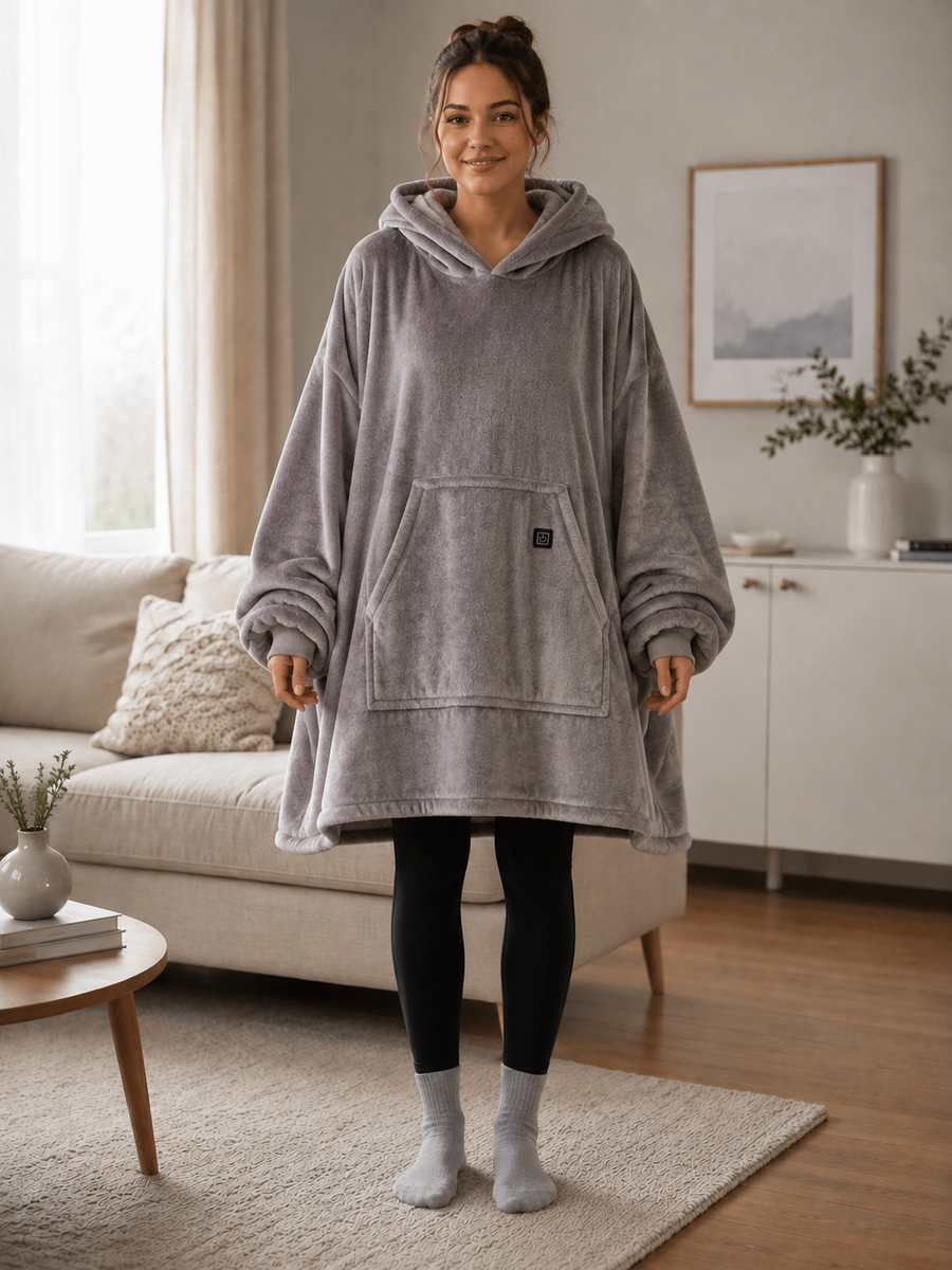 The full oversized shape of the Evenfold Wrap, hem sitting above the knee