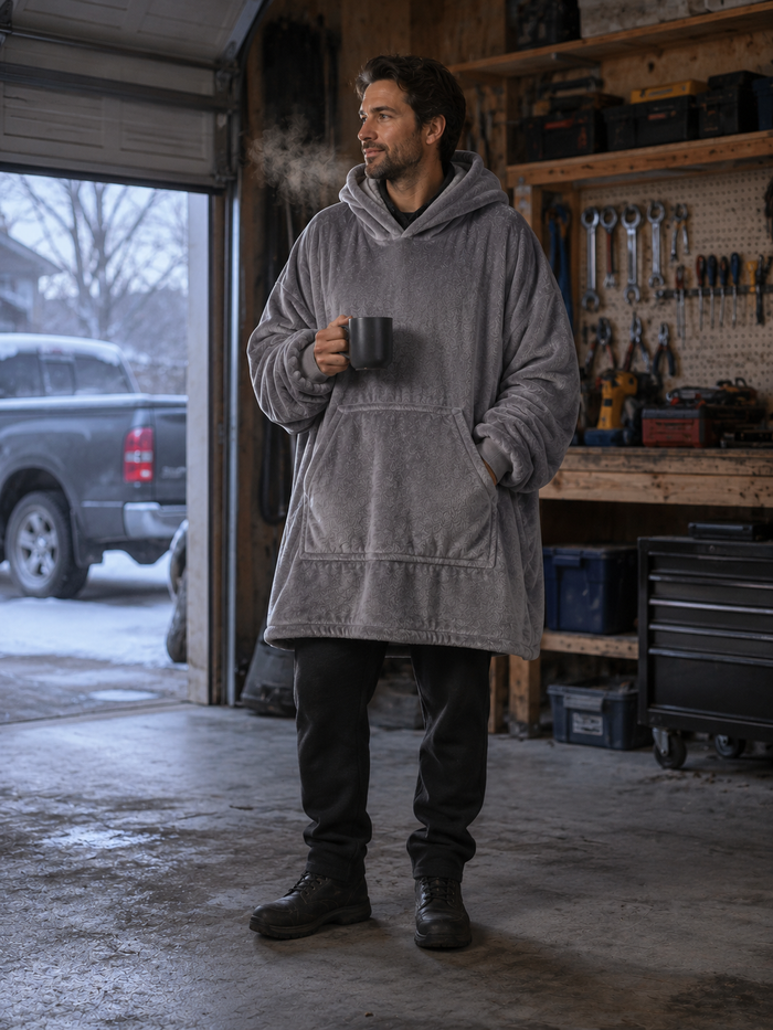 Wearing the Evenfold Wrap in an unheated garage workshop on a cold morning