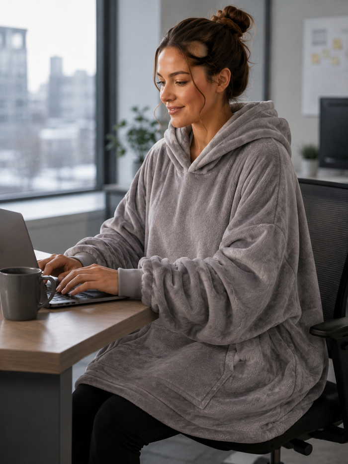 Working at a laptop in a cold office wearing the Evenfold Wrap