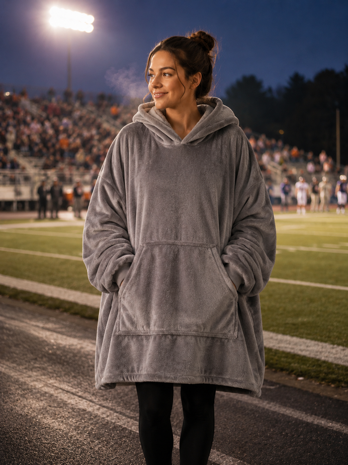 Wearing the Evenfold Wrap on the sidelines of a football field at night