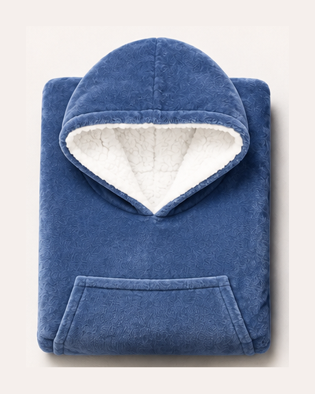 The Evenfold Wrap folded, in Blue